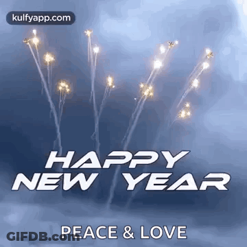 A Happy New Year Peace And Love Greeting Card With Fireworks In The Background . GIF