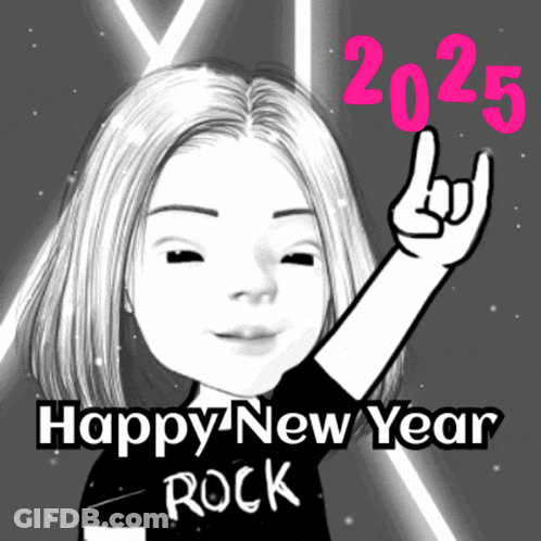 A Happy New Year Rock Greeting Card With A Cartoon Girl GIF