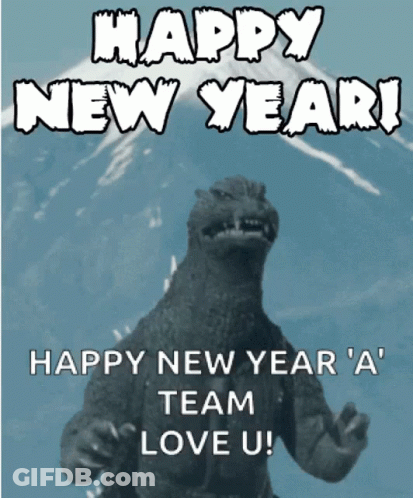 A Happy New Year 'S Greeting Card With A Picture Of A Monster GIF