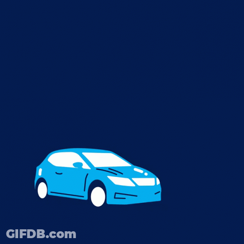 A Happy New Year Sign With A Blue Car In The Foreground GIF