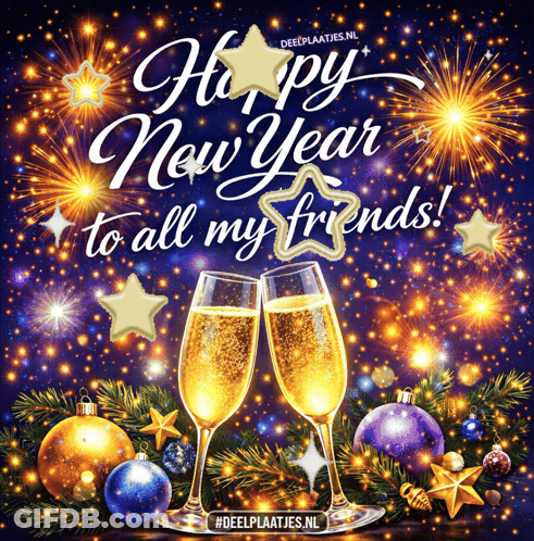 A Happy New Year To All My Friends Card With Two Glasses Of Champagne GIF