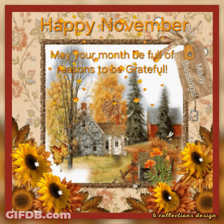 A Happy November Greeting Card With A Picture Of A House GIF