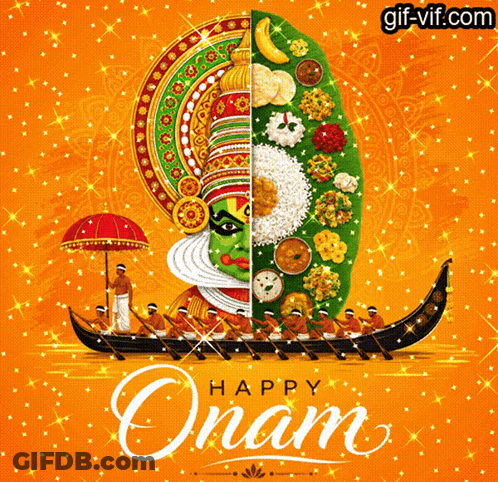 A Happy Onam Greeting Card With A Boat And A Man Holding An Umbrella GIF