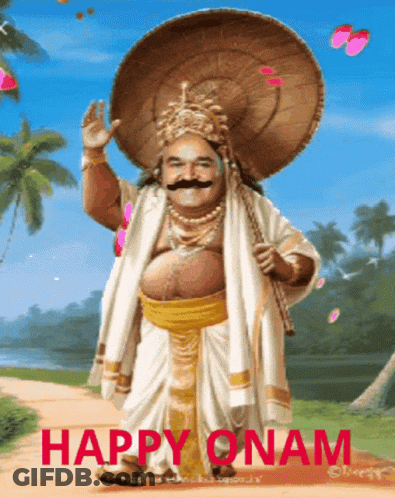 A Happy Onam Greeting Card With A Cartoon Character GIF