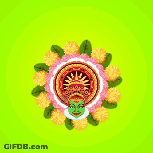 A Happy Onam Greeting Card With Flowers And A Green Face GIF