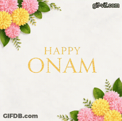 A Happy Onam Greeting Card With Flowers And Leaves GIF