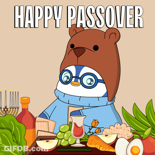 A Happy Passover Greeting Card With A Bear Wearing Glasses GIF