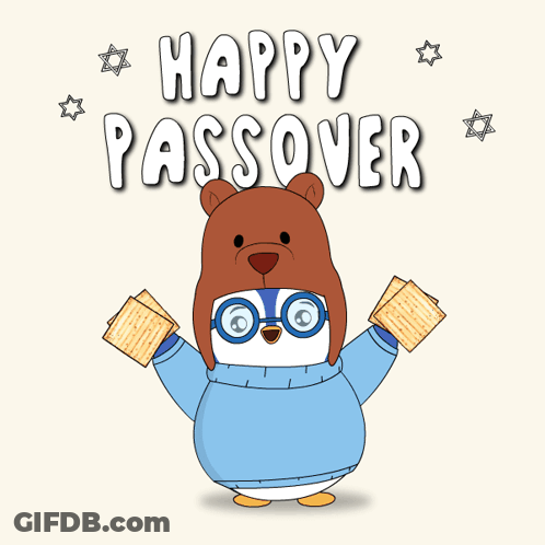 A Happy Passover Greeting Card With A Penguin Wearing A Bear Hat And Glasses GIF