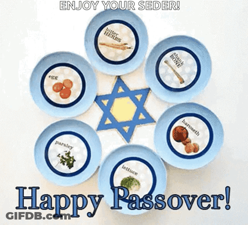 A Happy Passover Greeting Card With Plates And A Star Of David GIF