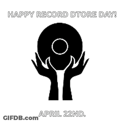 A Happy Record Store Day Greeting Card With A Silhouette Of Two Hands Holding A Record GIF