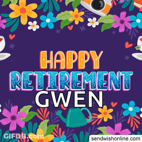 A Happy Retirement Gwen Greeting Card With Flowers And Coffee Cups GIF