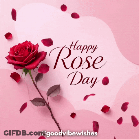 A Happy Rose Day Card With A Red Rose And Petals GIF