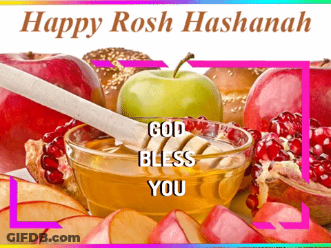 A Happy Rosh Hashanah Greeting Card With A Bowl Of Honey GIF