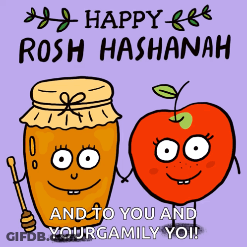 A Happy Rosh Hashanah Greeting Card With A Honey Jar And An Apple GIF