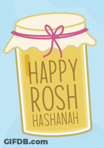 A Happy Rosh Hashanah Greeting Card With A Jar Of Honey GIF