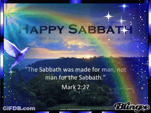 A Happy Sabbath Card With A Rainbow And A Dove GIF