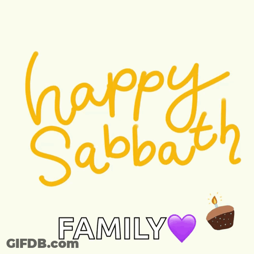 A Happy Sabbath Family Card With A Purple Heart And A Cake GIF
