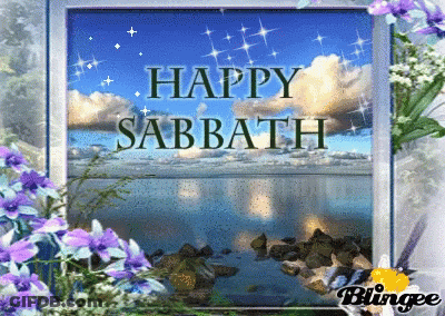 A Happy Sabbath Greeting Card With Purple Flowers In The Background GIF