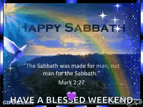A Happy Sabbath Message With A Rainbow And A Dove GIF