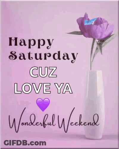 A Happy Saturday Card With A Purple Flower In A Vase . GIF