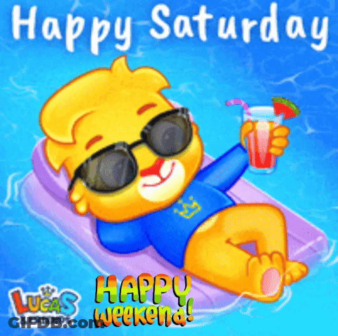 A Happy Saturday Greeting Card With A Cartoon Character On A Raft GIF
