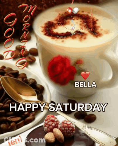 A Happy Saturday Greeting With A Cup Of Coffee And A Rose GIF