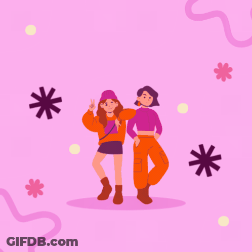 A Happy Sisters ' Day Greeting Card With Two Girls On A Pink Background GIF