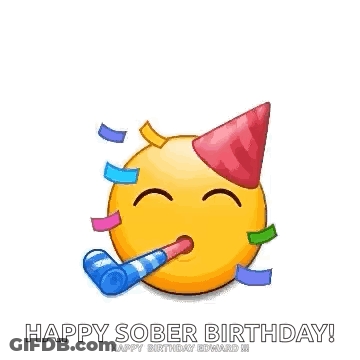 A Happy Sober Birthday Greeting Card With Smiley Faces Wearing Party Hats And Blowing Party Horns . GIF