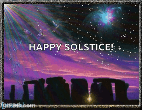 A Happy Solstice Greeting Card With A Purple Sky GIF