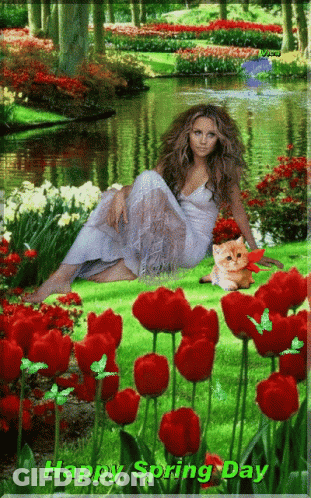 A Happy Spring Day Greeting Card With A Woman Sitting In A Field Of Red Tulips GIF