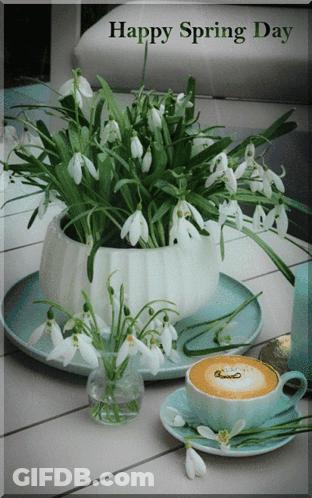 A Happy Spring Day Greeting Card With Flowers And Coffee GIF