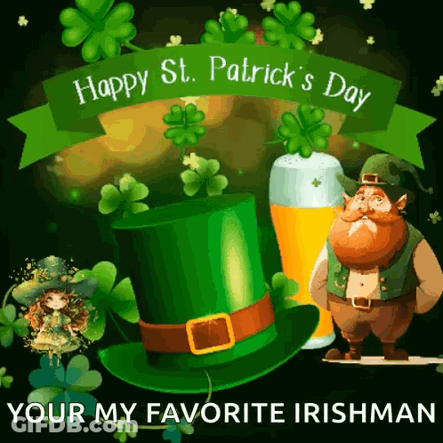 A Happy St. Patrick 'S Day Greeting Card With A Leprechaun And A Green Hat GIF