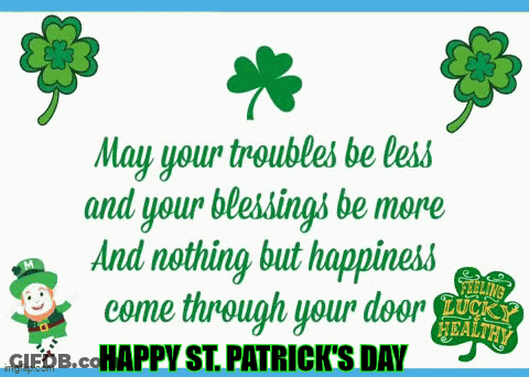 A Happy St. Patrick 'S Day Greeting Card With A Leprechaun And Clovers GIF