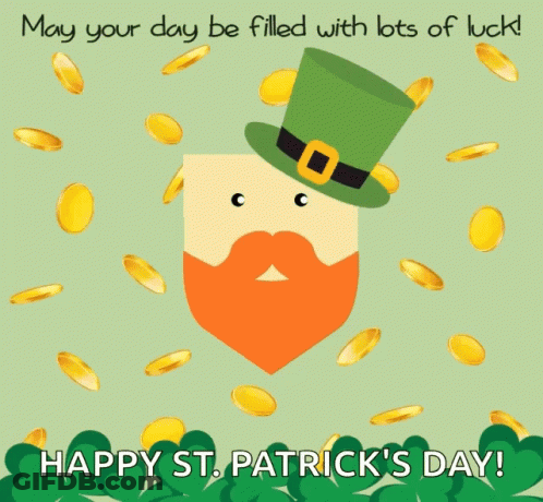 A Happy St. Patrick 'S Day Greeting Card With A Leprechaun And Gold Coins GIF