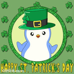 A Happy St. Patrick 'S Day Greeting Card With A Penguin In A Leprechaun Hat GIF