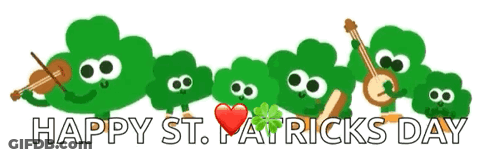 A Happy St. Patrick 'S Day Greeting Card With Clovers Playing Violins And Guitars GIF