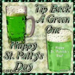 A Happy St. Patty 'S Day Greeting Card With Two Green Mugs Of Beer GIF