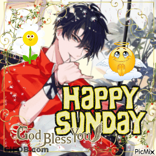 A Happy Sunday Greeting Card With A Boy And A Flower GIF