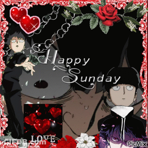 A Happy Sunday Greeting Card With Anime Characters And Flowers GIF