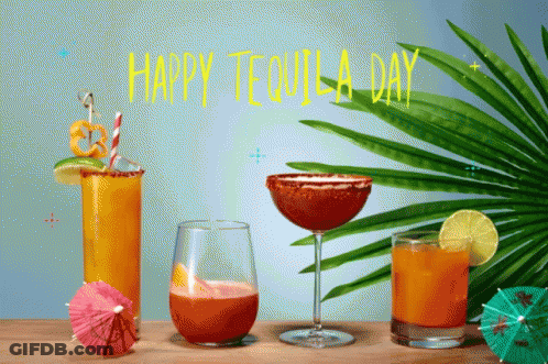A Happy Tequila Day Greeting With Drinks And Umbrellas On A Table GIF