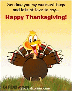 A Happy Thanksgiving Card With A Cartoon Turkey On It GIF