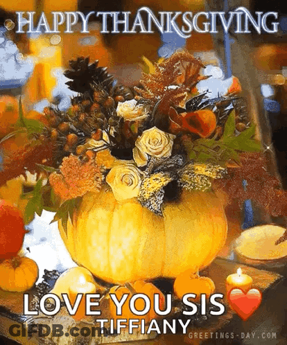 A Happy Thanksgiving Card With A Pumpkin Filled With Flowers GIF