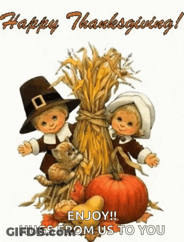 A Happy Thanksgiving Card With Two Pilgrims And A Cat GIF