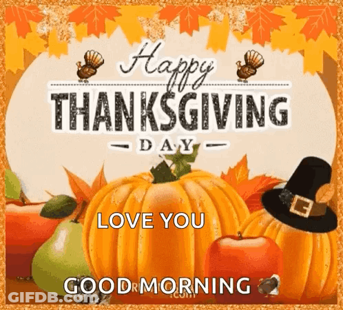 A Happy Thanksgiving Day Greeting Card With Pumpkins , Apples , Turkeys And A Pilgrim Hat . GIF