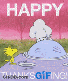 A Happy Thanksgiving Greeting Card With A Cartoon Character GIF