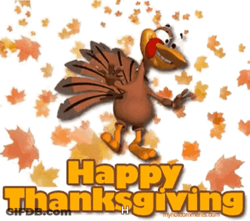 A Happy Thanksgiving Greeting Card With A Cartoon Turkey And Leaves GIF