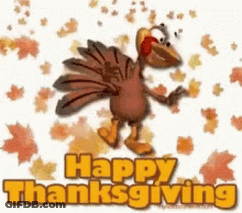 A Happy Thanksgiving Greeting Card With A Cartoon Turkey And Leaves GIF