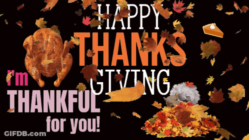 A Happy Thanksgiving Greeting Card With A Roasted Chicken And A Pile Of Leaves GIF