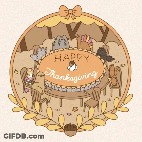 A Happy Thanksgiving Greeting Card With Cats And A Turkey GIF