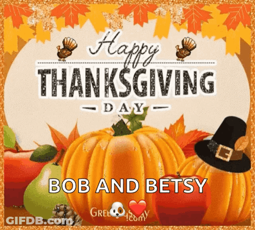 A Happy Thanksgiving Greeting Card With Pumpkins And Leaves GIF